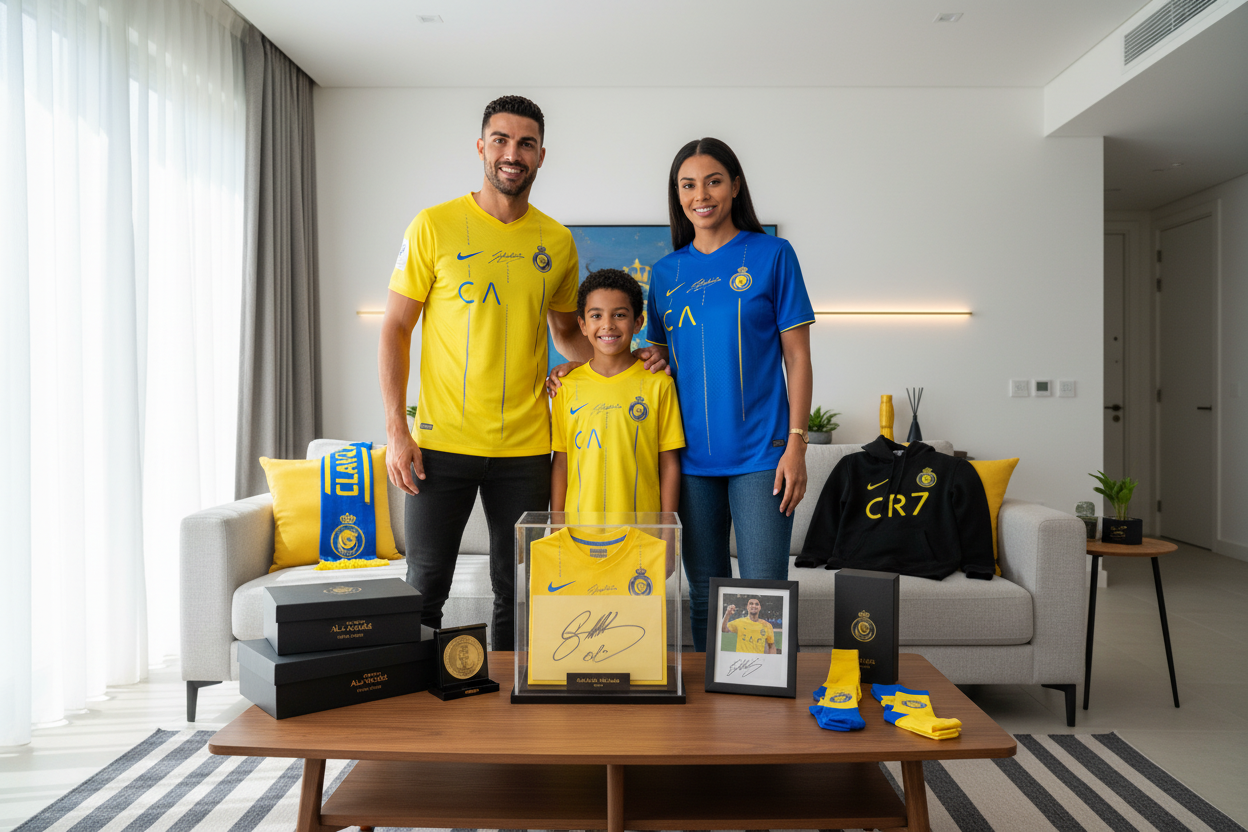 Family wearing Ronaldo Al-Nassr merchandise season 2025/26 with jerseys, collectibles, and fan gear on display
