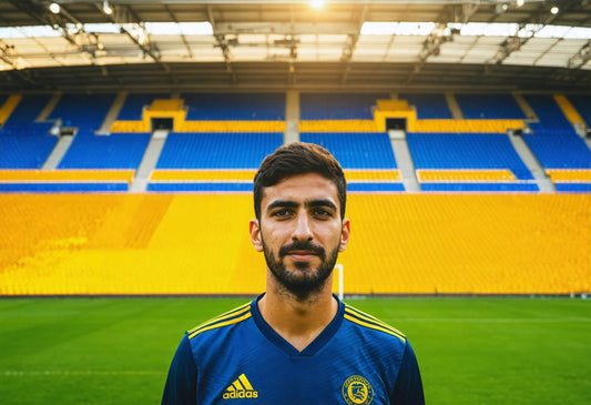 Proud fan in adidas Men's Al Nassr FC 24/25 Ronaldo Home kit standing in vibrant stadium, ready to inspire