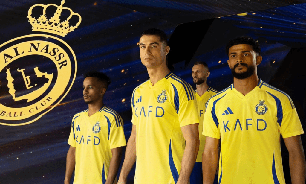 Al nassr jersey worn by Ronaldo and teammates, inspiring football fans to celebrate team pride together